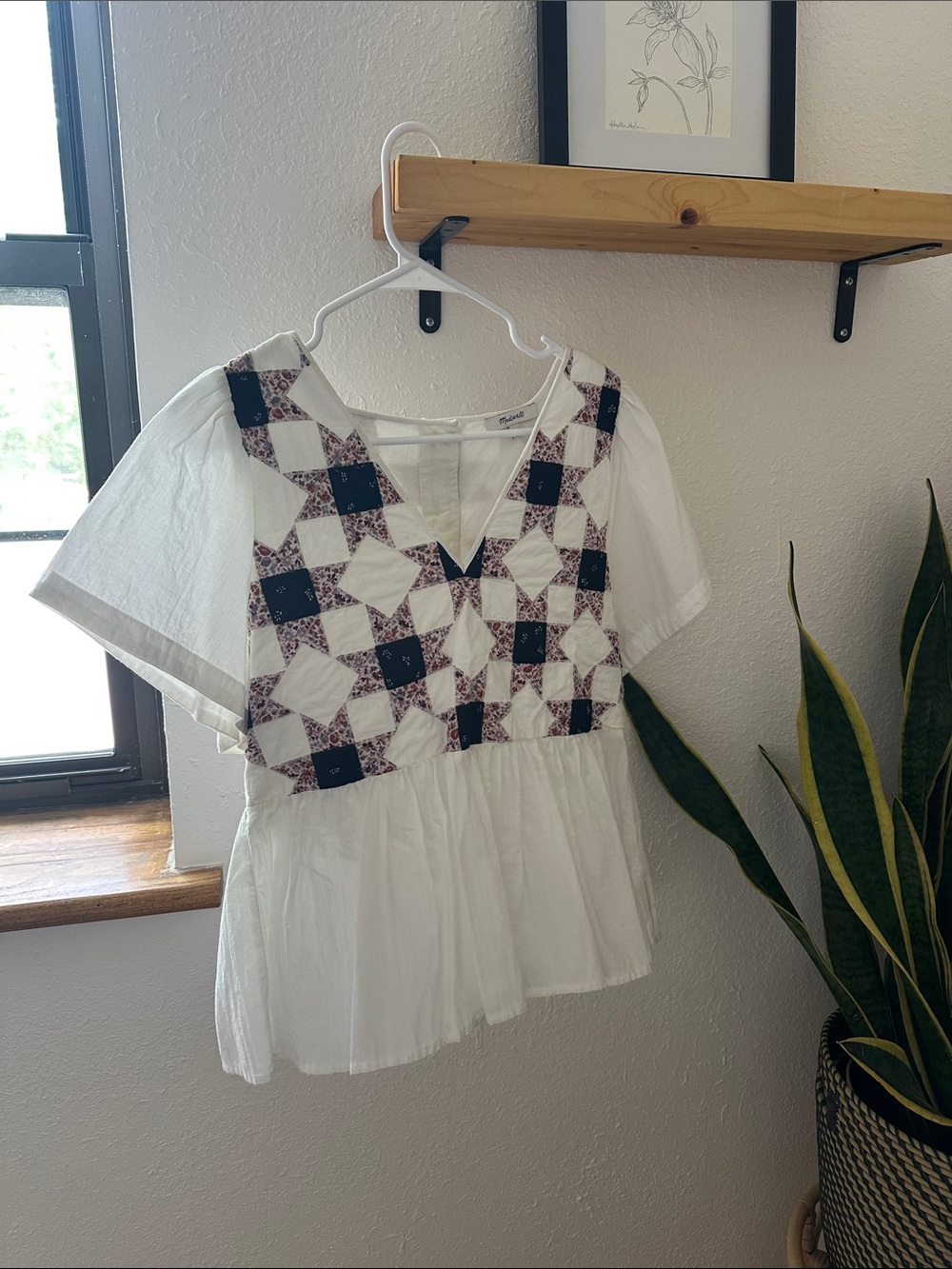 Madewell White Peplum V-Neck Blouse with Blue and Burgundy Patchwork